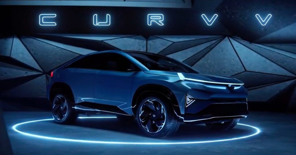Tata curv ev concept car upcoming launch soon , displayed in bright blue and black color